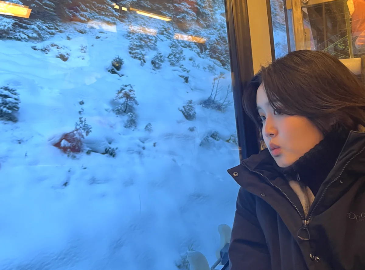 Me on a snowy mountain train